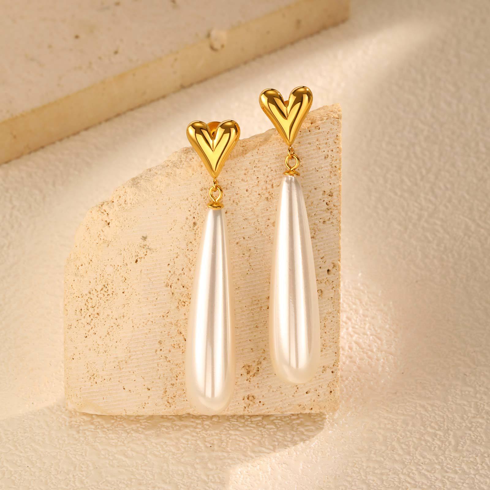 Heart Gold Plated Pearl Anti Tarnish Stainless Steel Dangler Earrings