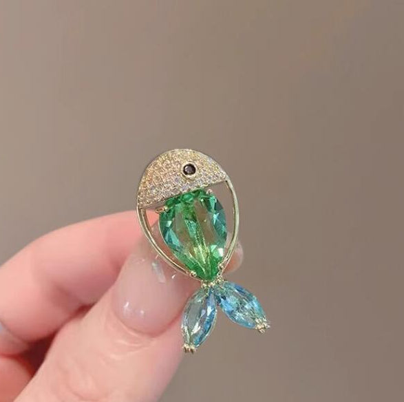 Multi Color Fish Gold Cubic Zirconia Copper Brooch For Women