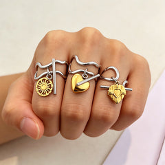 Multi Charms Gold Silver Plated Stainless Steel Adjustable Fancy Ring