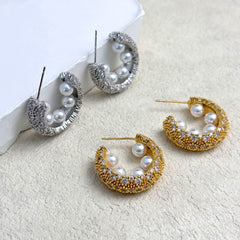 Pearl Cubic Zirconia 18K Gold Silver Anti Tarnish Hoop Earring For Women