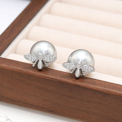 Little Honeybee Pearl Cubic Zirconia Gold Silver Stud Earring For Women
