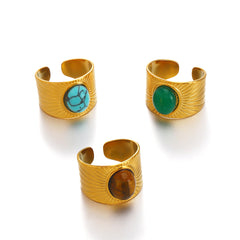 Multi Gemstone 18K Gold Turquoise Tiger Eye Pearl Anti Tarnish Stainless Steel Band Ring For Women