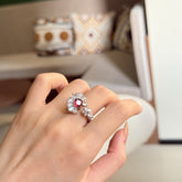 Red Flower Bloom Silver Cubic Zirconia Copper Adjustable Ring For Women