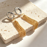 Dual Tone Gold Silver Plated Chain Tassel Stainless Steel Drop Earrings