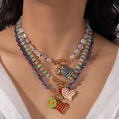 Heart Crystal Multicolor Beads 18K Gold Charm Necklace For Women
