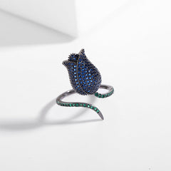 Tulip 18K Gold Plated Blue White Black Purple Sparkling Pave Crystals Anti Tarnished Free Size Ring For Women