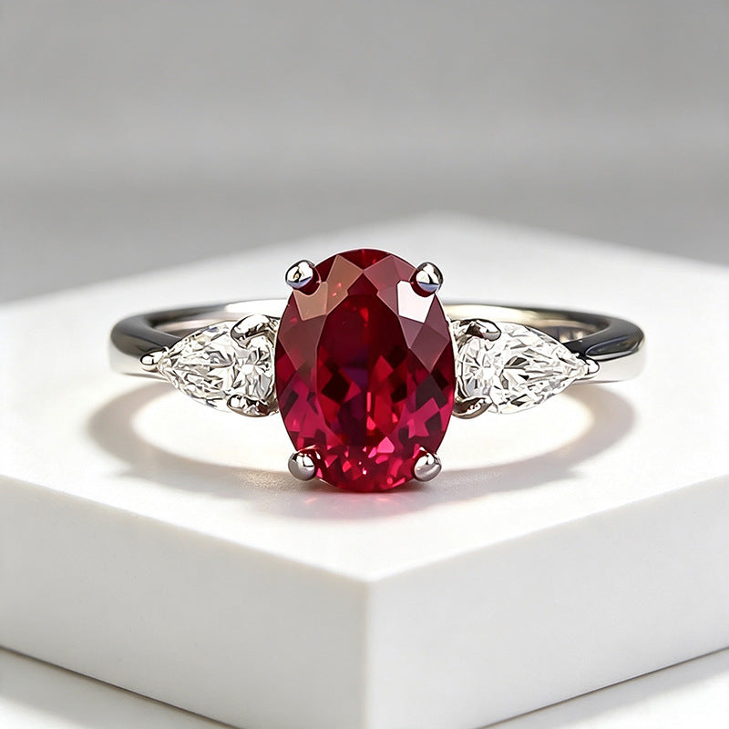 Luxury Oval Ruby Red Silver Plated White CZ Solitaire Ring For Women