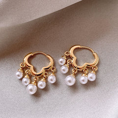 White Luxury Clover Gold Plated Pearl Hoop Earrings For Women