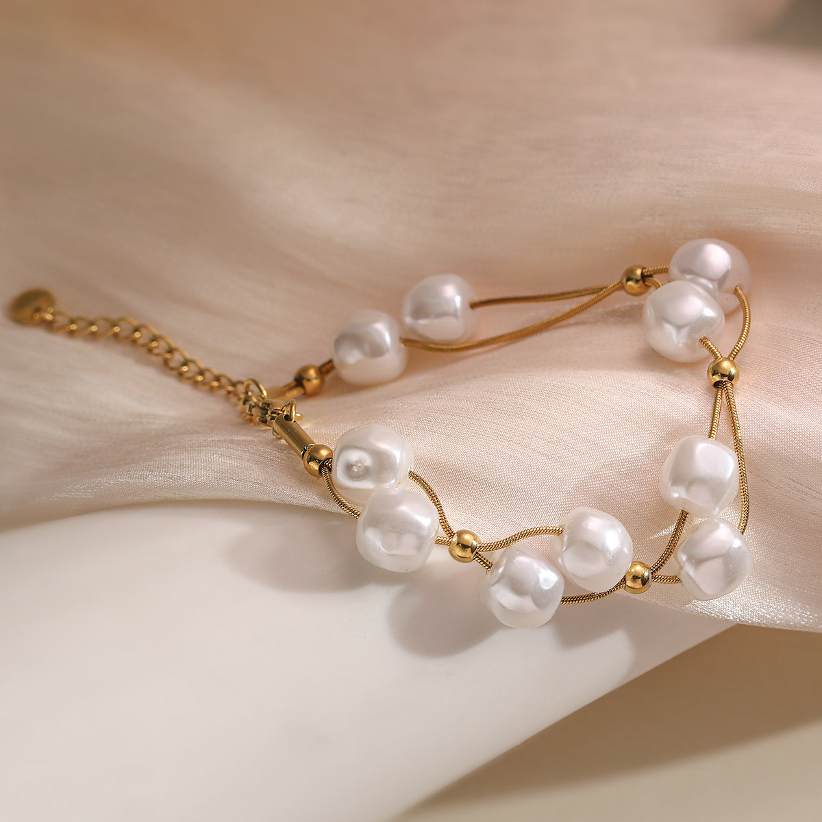 White Pearl 18K Gold Stainless Steel Dual Layer Chain Bracelet For Women