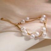 White Pearl 18K Gold Stainless Steel Dual Layer Chain Bracelet For Women