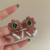 Pink Vintage Floral Gold Plated Pearl Anti Tarnish Copper Drop Earrings