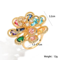 Flower Rainbow Solitaire On Surface Gold CZ Anti Tarnish Ring