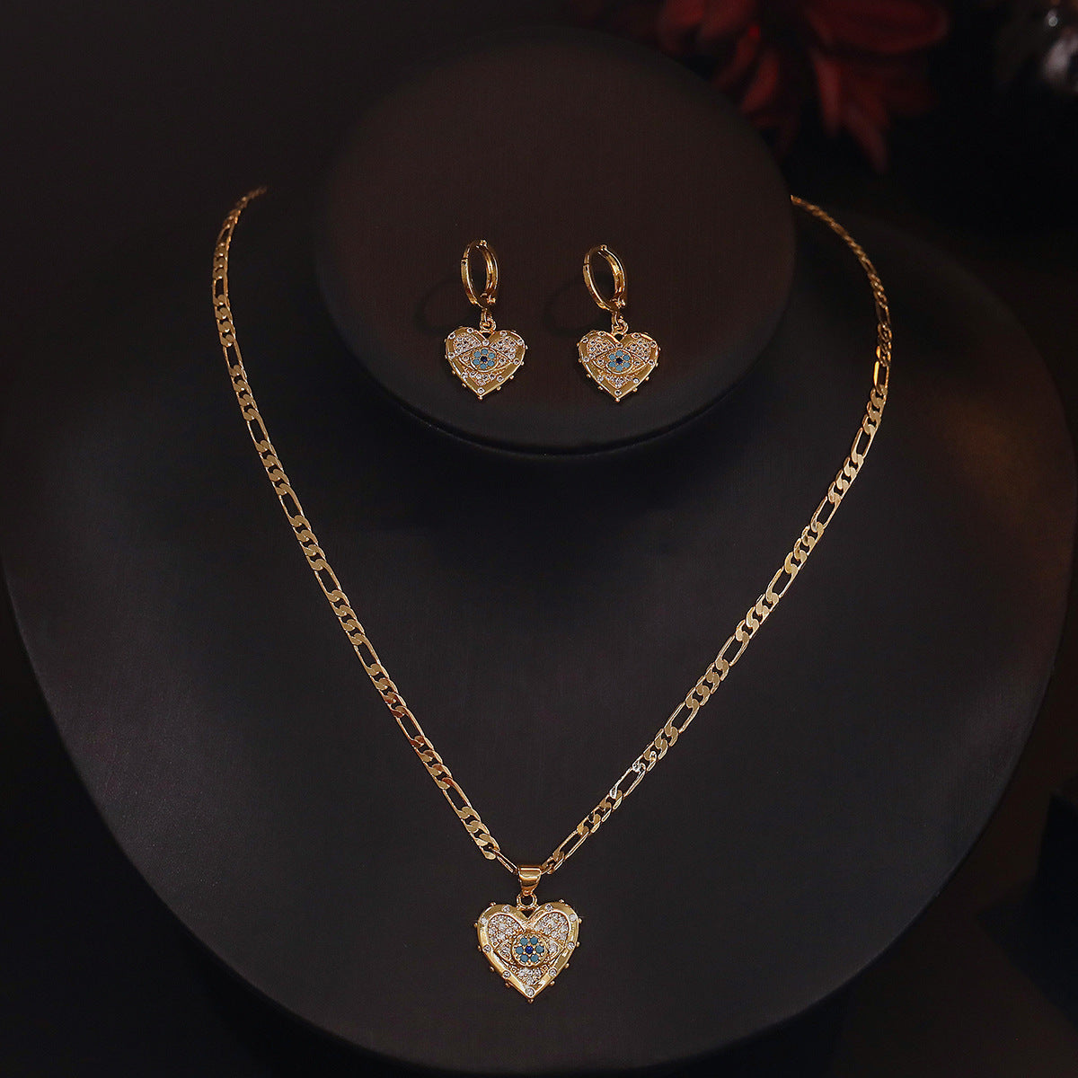 Heart Evil Eye 18K Gold Cubic Zirconia Necklace Pendant Chain Earring Set For Women