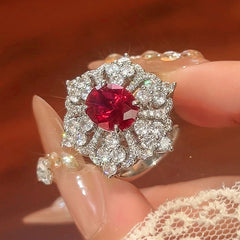 Flower Red Gemstone Silver Cubic Zirconia Necklace Earring Ring Set For Women