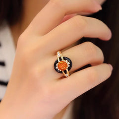 Round Yellow Black Cubic Zirconia 18K Gold Anti Tarnish Free Size Ring For Women