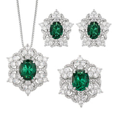 Flower Red Gemstone Silver Cubic Zirconia Necklace Earring Ring Set For Women