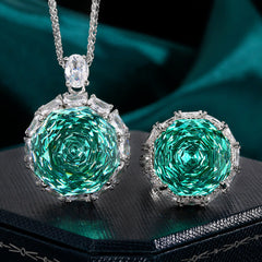 Rose Cut Dream Green Pink Silver Anti Tarnish Green Pendant Ring Set For Women