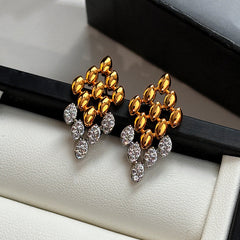 Gold Designer Dual Tone Oval Cubic Zirconia Copper Drop Earrings