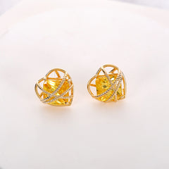 Fashion Heart Frame Gold Plated CZ Anti Tarnish Copper Stud Earrings