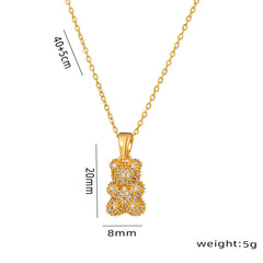 Taddy Bear 18K Gold Cubic Zirconia Stainless Steel Necklace Pendant Chain For Women