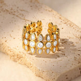 White Classic Flower Cluster Gold CZ Copper Adjustable Fancy Ring
