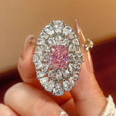 Oval Silver Red Green Pink Cubic Zirconia Crystal Adjustable Ring For Women