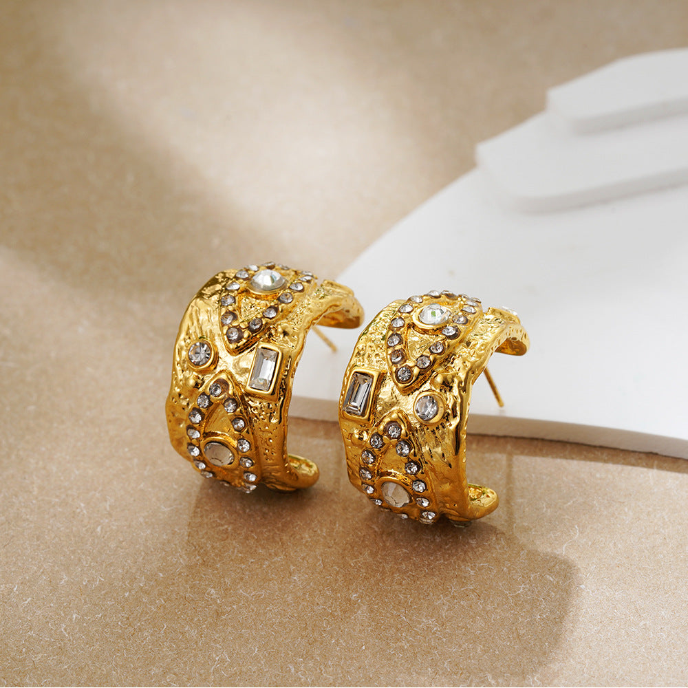 Designer C-Shape Gold CZ Anti Tarnish Stainless Steel Stud Earrings