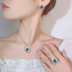 Flower Red Gemstone Silver Cubic Zirconia Necklace Earring Ring Set For Women