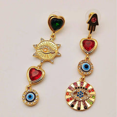 Multi Color Evil Eye Heart Hamsa Gold Cubic Zirconia Dangler Earrings