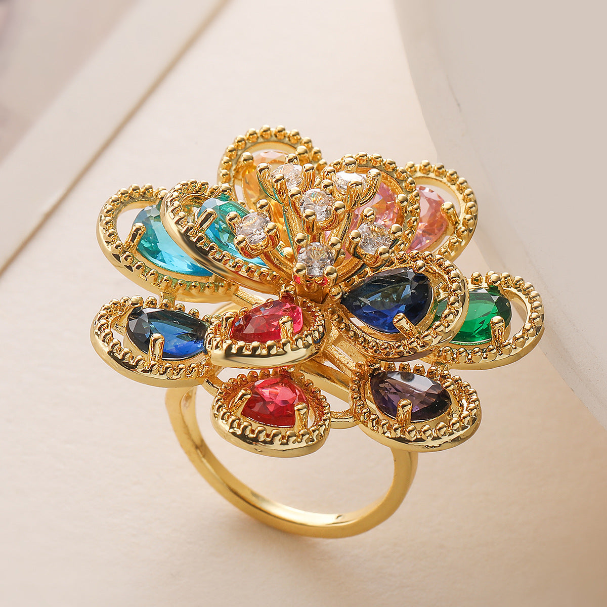 Flower Rainbow Solitaire On Surface Gold CZ Anti Tarnish Ring