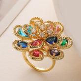 Flower Rainbow Solitaire On Surface Gold CZ Anti Tarnish Ring