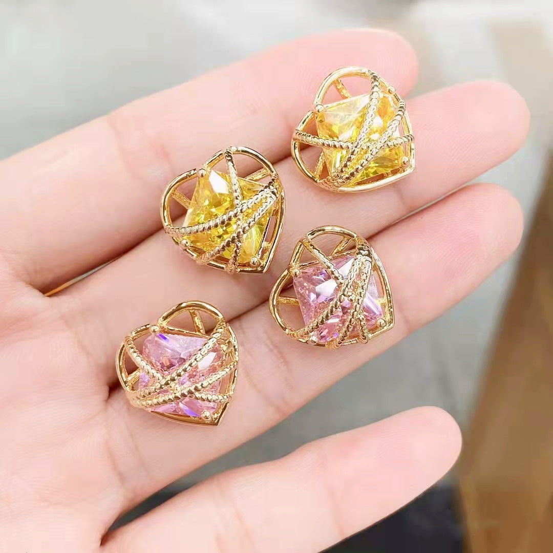 Fashion Heart Frame Gold Plated CZ Anti Tarnish Copper Stud Earrings