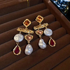 Beaten Finish Heart Drop Pearl Crystal Dangler Earring For Women
