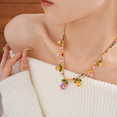 Drop Leaf Solitaire Crystal Pink Orange Anti Tarnish Necklace Earring Set For Women Group1