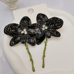White Purple Black Flower Leaves Gold Enamel Dangler Earrings