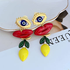 Lips Evil Eye Red Blue 18K Gold Dangler Anti Tarnish Earring For Women