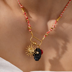 Hamsa Evil Eye 18K Gold Pink Green Blue Black Beads Threads Necklace For Women