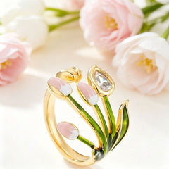 Pink Green Tulip Flower Gold Copper Anti Tarnish Adjustable Ring For Women