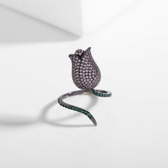 Tulip 18K Gold Plated Blue White Black Purple Sparkling Pave Crystals Anti Tarnished Free Size Ring For Women