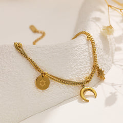 Moon and Star 18K Gold Plated Stainless Steel Charm Chain Bracelet For Women