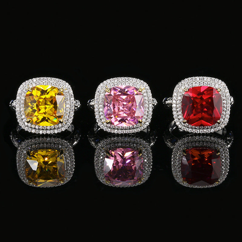 Sqaure Cubic Zirconia Red Pink Yellow Silver Anti Tarnish Adjustable Ring For Women