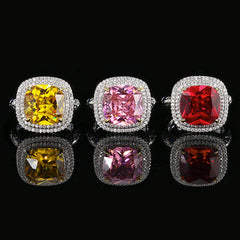 Sqaure Cubic Zirconia Red Pink Yellow Silver Anti Tarnish Adjustable Ring For Women