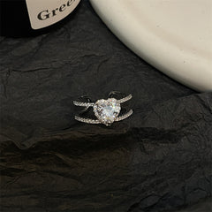 Luxury Silver Plated Heart White CZ Double Band Copper Cocktail Ring