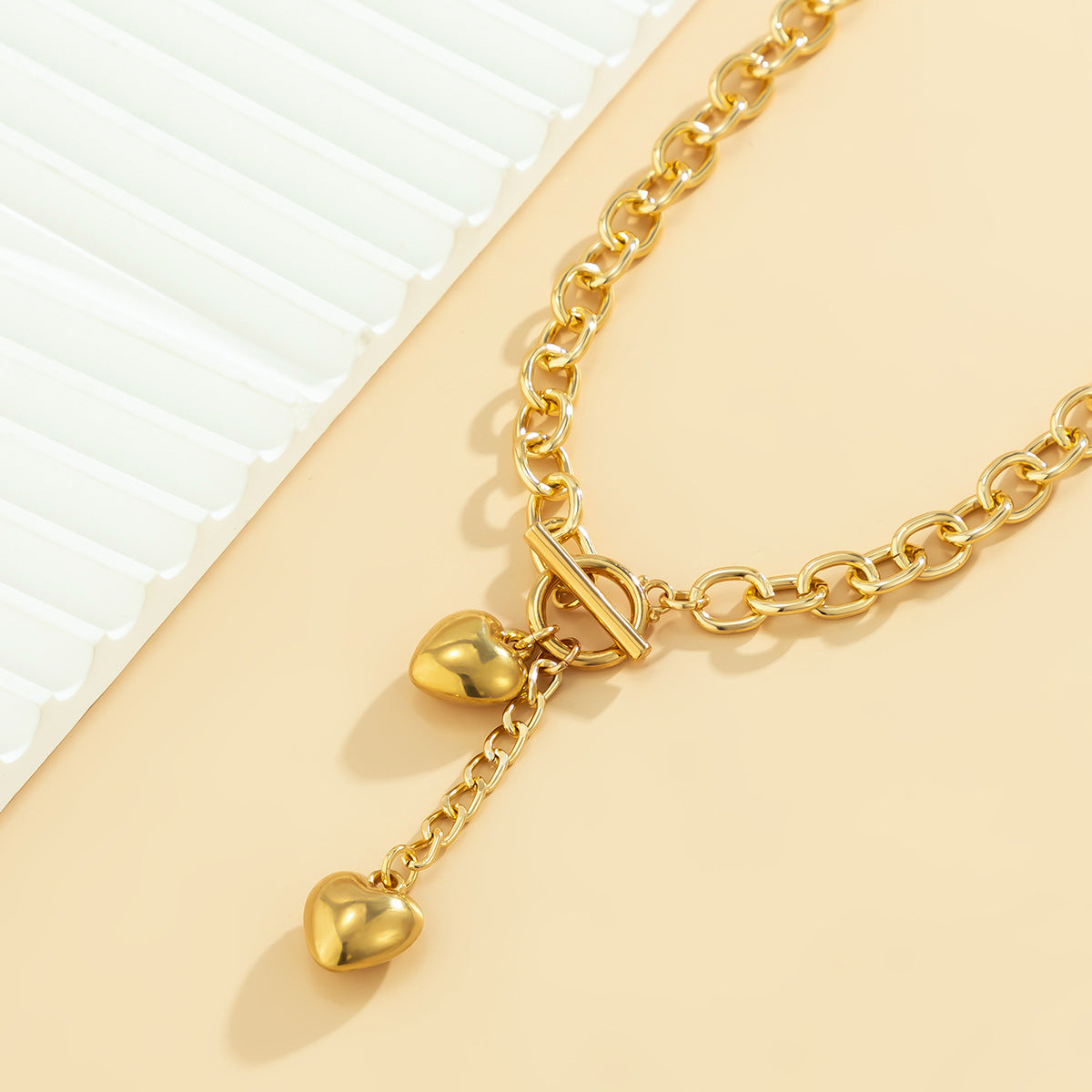 Dual Heart Toggle Lock 18K Gold Necklace Link Chain For Women