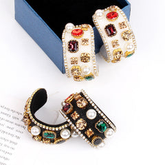 18K Gold Plated White Black Multi Gemstone CZ Pearl Hoop Earring