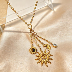 Elegant Sun & Moon Gold Plated Layered CZ Anti Tarnish Copper Necklace