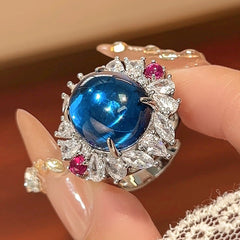 Oval Flower Red Blue Gemstone Silver Cubic Zirconia Anti Tarnish Pendant Chain Ring Set For Women