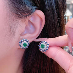 Sunflower Blue Green Gemstone Silver Cubic Zirconia Necklace Earring Ring Set For Women