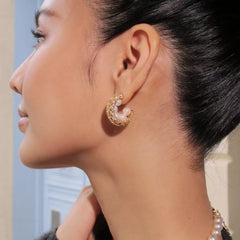 Pearl Cubic Zirconia 18K Gold Silver Anti Tarnish Hoop Earring For Women