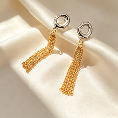 Dual Tone Gold Silver Plated Chain Tassel Stainless Steel Drop Earrings